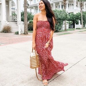 Anthropologie Tiare Hawaii Smocked Strapless Dot Print Maxi Dress Cherry Size M